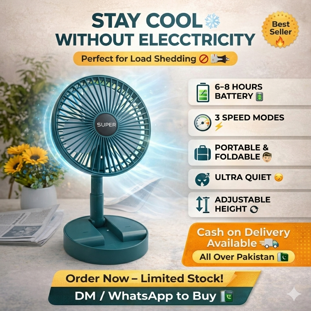 Rechargeable Portable Fan 🔋❄️ – Perfect for Load Shedding ⚡ & Summer Heat ☀️